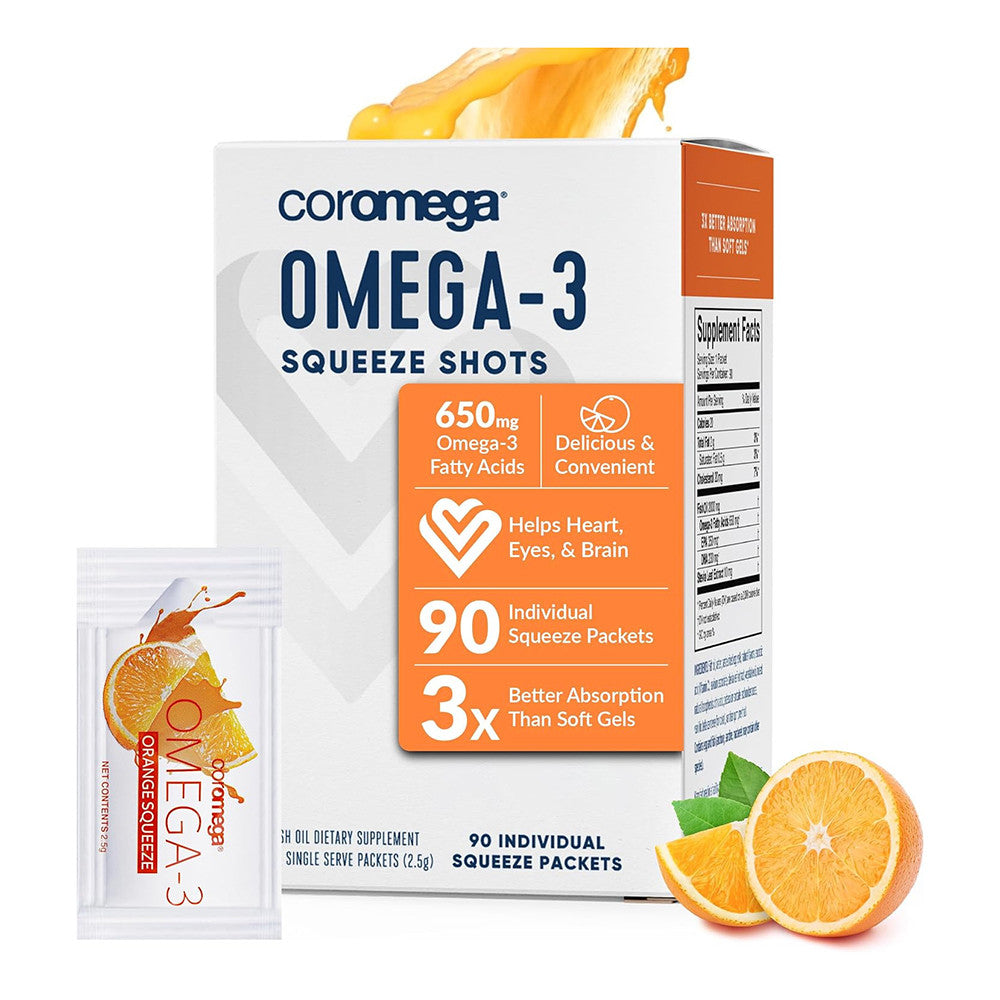 Coromega Omega-3 Fish Oil 650mg Supplement Softgels, Orange Squeeze, 90 Ea